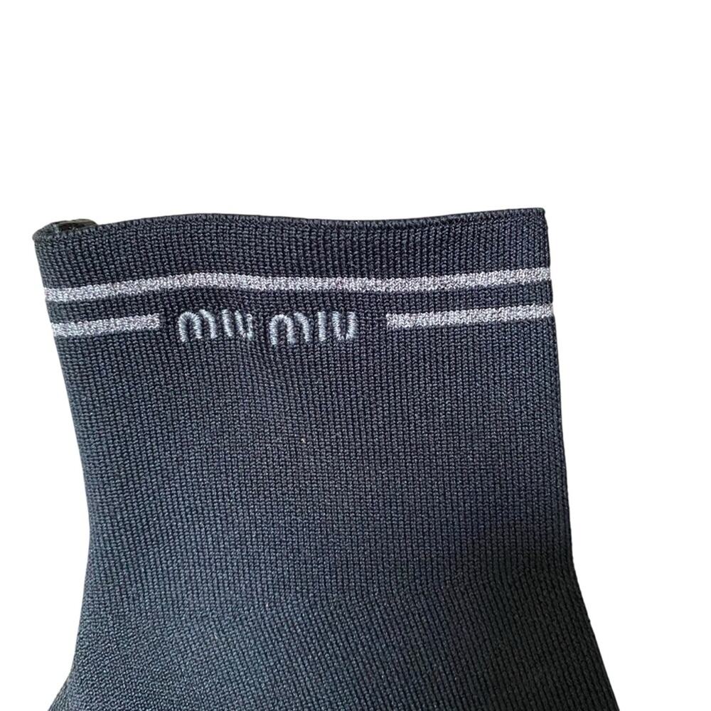 Miu Miu Black Stretch Knit Ankle Boots Silver Glitter Heel 35 US 5 - Picture 5 of 12